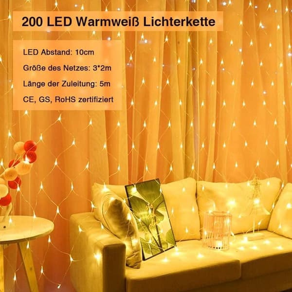 200 LED lysnet 3 x 2 meter LED-lyskæde vandtæt 8 KLB