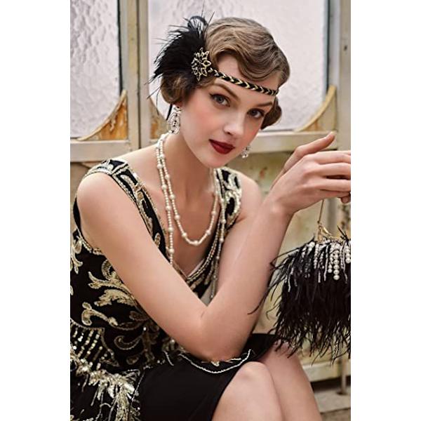 1920-luvun vintage-tyyliin sopiva pääpanta, jossa höyheniä, 1920-luvun flapper-tyyliin sopiva päähine, 1920-luvun Great Gatsby -asuun sopivat asusteet, musta ja kultainen