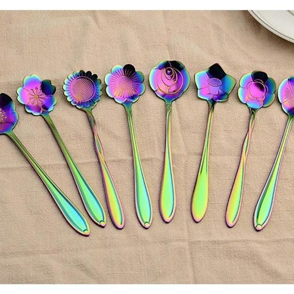 Blomsterskedset, set med 8 teskedar i rostfritt stål, färgglada kaffeskedar KLB