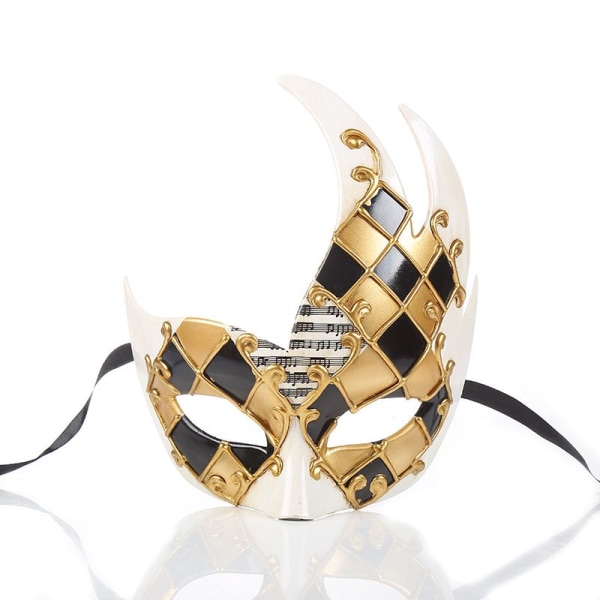 Maskerademaske for menn (gull/svart), vintage venetiansk rutete Mardi Gras musikalsk festmaske