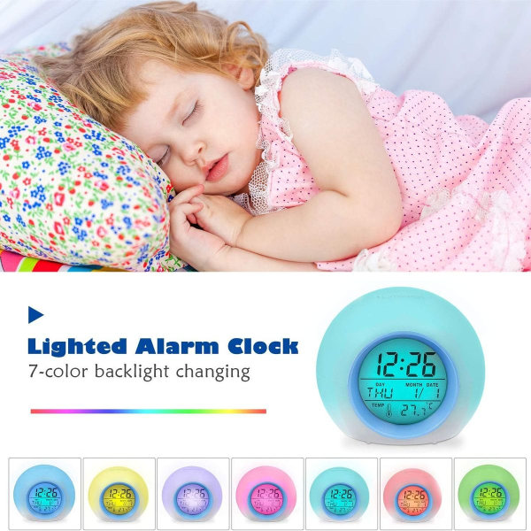 Födelsedagspresent för barn LED väckarklocka 7 färger växlande väckarklocka,