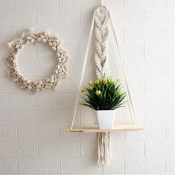 Macrame väggdekoration i trä, boho väggdekoration gobeläng växtkruka, KLB