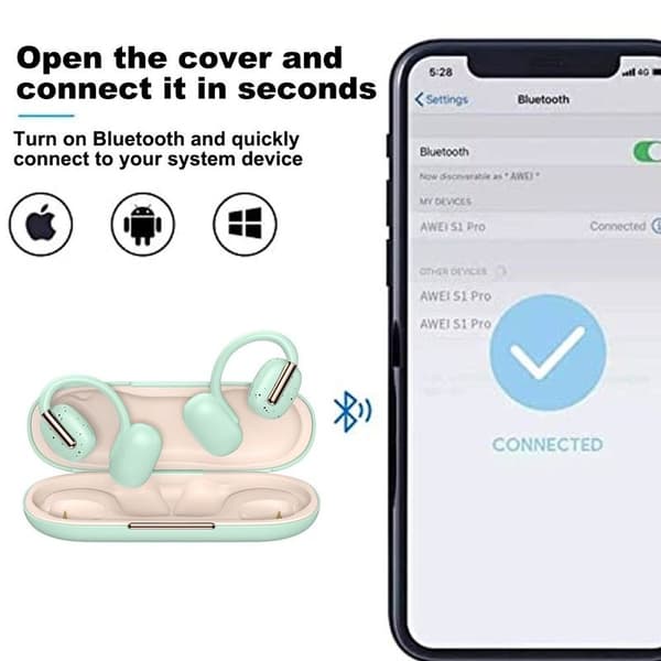 Åpne øre trådløse hodetelefoner, Bluetooth 5.3 ørepropper med grønn