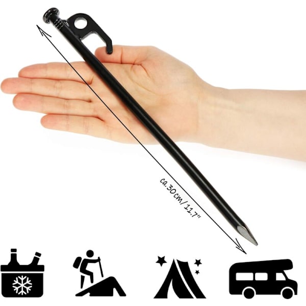 12x Stålteltstenger - Lange, robuste stenger for camping og utendørs - Ideell for normale og harde gulv - 30cm KLB