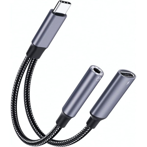 USB C til 3,5 mm jack hodetelefonadapter og lader - 2 hodetelefoner