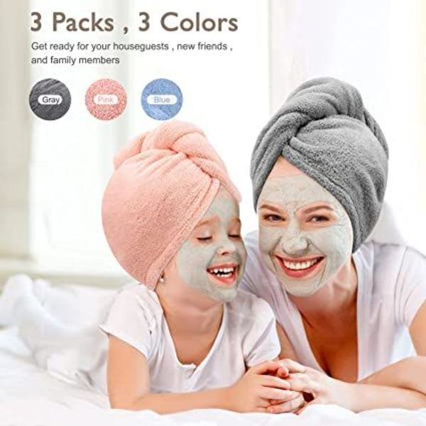 3-pack (grå, rosa, blå) mikrofiberhårhandduk, superabsorberande, snabbtorkande, twistturban med knappar, badögla, fäst hatt för salongstorkning av hår