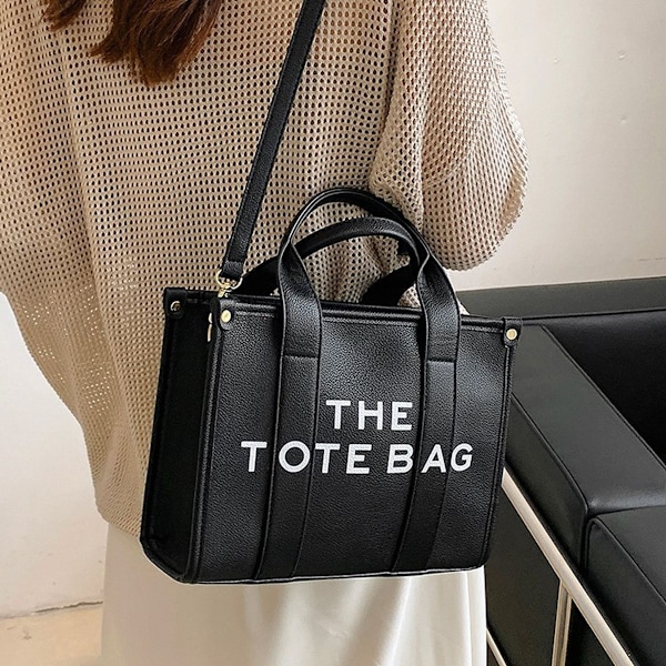 Lær tote bag for kvinner, håndveske med svart KLB