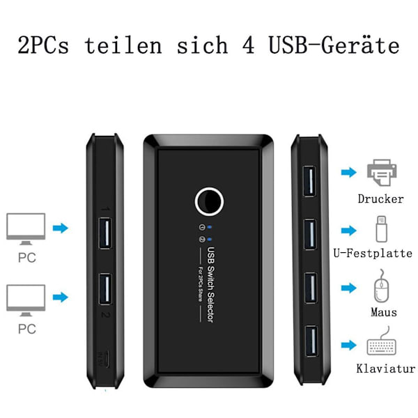 USB-kytkin - 2 sisään 4 ulos PC-osille - Musta, 480 Mbps - Windows, Mac, Linux
