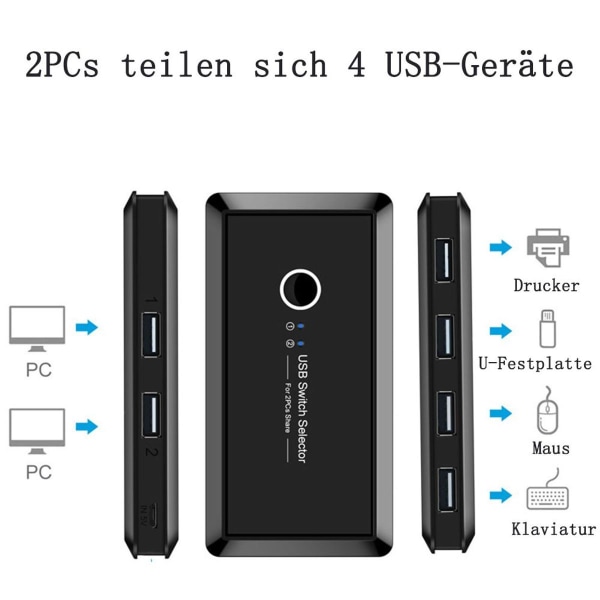 USB-svitsj - 2 inn 4 ut for PC-deler - Svart, 480 Mbps - Windows, Mac, Linux