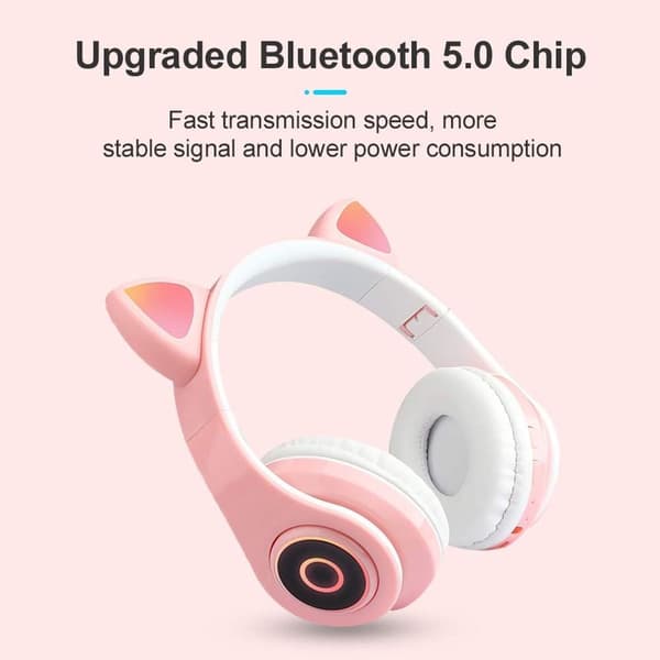 Trådløse Bluetooth-hodetelefoner med katteører og LED-lys, rosa
