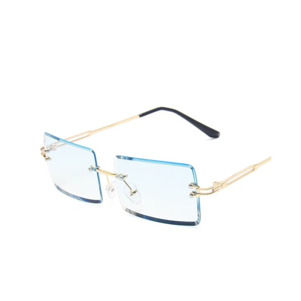 Rektangulære kantløse lyseblå solbriller med guldramme, retro transparente kantløse linser, egnet til kvinder og mænd