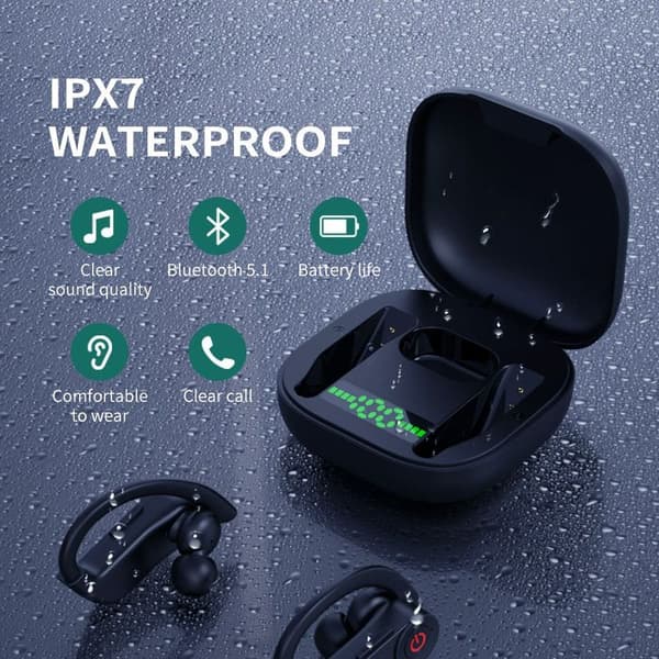Bluetooth-ørepropper med ørekroker, hodetelefoner med ladekoffer