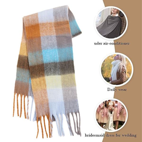 Dam cashmere-sjal stor rutig vinterhalsduk blå grå kaffe