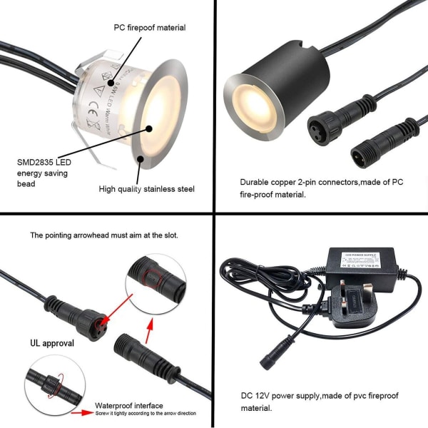 Sæt med 16 udendørs LED-indbyggede spotlights, IP67 vandtæt, 32 mm, indbygget