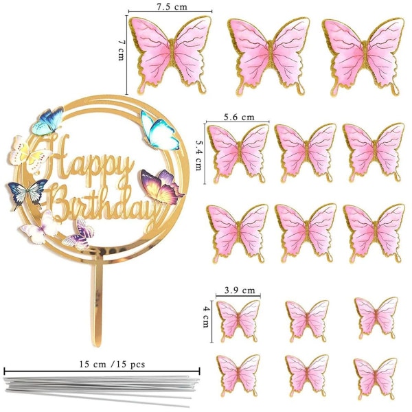 Pink Butterfly Kagepynt, 16stk Butterfly Cupcake Toppers