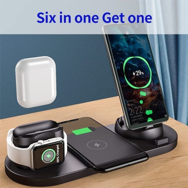 Trådløs oplader, 6 i 1 induktiv opladningsstation med 10W sort