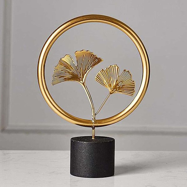 Skulptur av ginkgoblad i träbas, dekoration för vardagsrum, hall, sovrum, kontor, handgjord konststaty, hängande gåva (cirkelformad fågel)