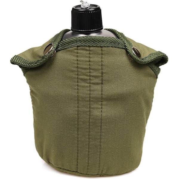 Militärflaska Set i Rostfritt Stål 0,9L med Kopp 0,5L Grön Nylonöverdrag