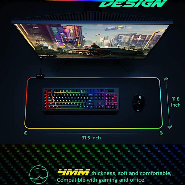 RGB Gaming Musemåtte, Stor Udvidet Blød LED Musemåtte med 14
