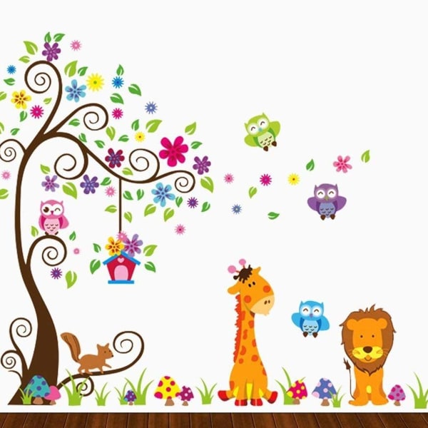 Børnevægklistermærke Farverig ugle Giraf Løvetræ Dekorativt Unisex-klistermærke KLB