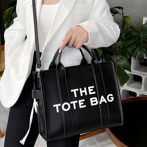 Lær tote bag for kvinner, håndveske med svart KLB