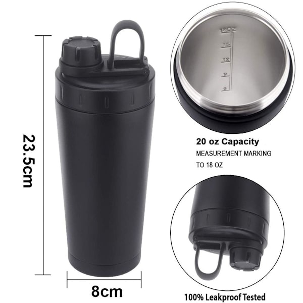 Rustfrit Protein Shaker Flaske i Rustfrit Stål Isoleret til at Holde Varmt/Koldt Sort
