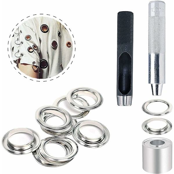 12 mm:n Grommet-työkalusarja, metalliset reikävahvikesarjat, 100 sarjaa, reikävahvikesarja, silmäkkesarja kankaalle, pressulle, teltan korjaukseen, hopea (1/2 tuumaa), KLB