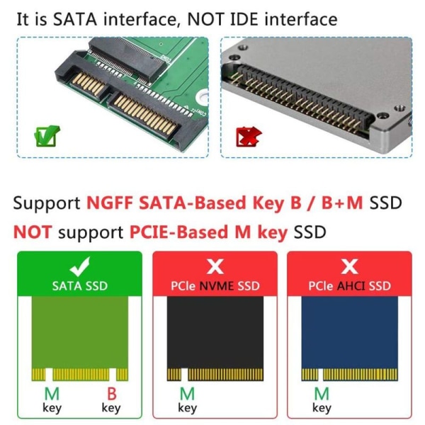 M.2 SATA-adapter 22-pinners (7 + 15) SATA III NGFF M.2 SATA-basert nøkkel B/ B + M for SSD