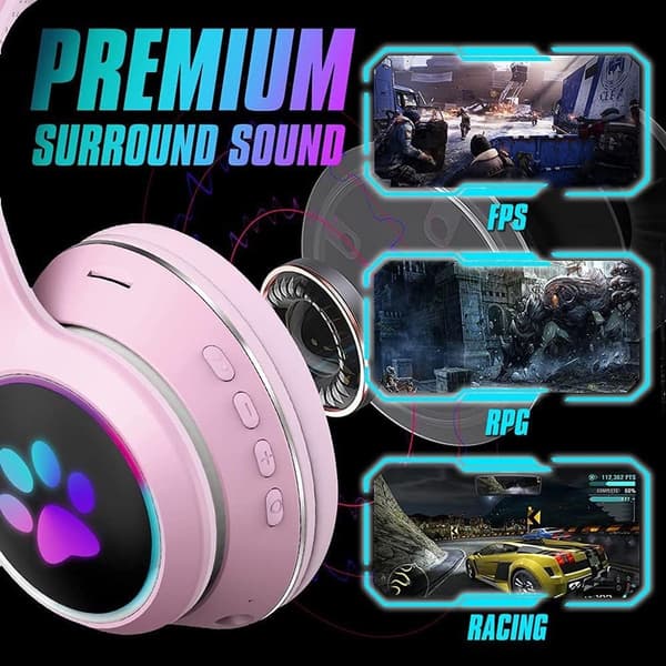 Kablet Gaming Headset 3.5mm Øremuffer LED Lys Søt Katt Rosa