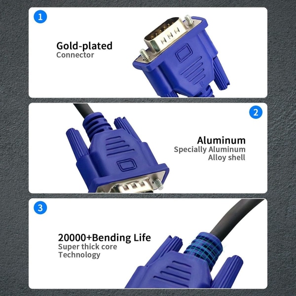 3-pakning HD15 VGA-videokabel for TV-datamaskin 3-pakning 3m hann til hann