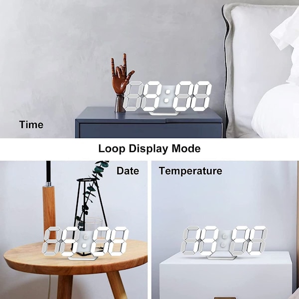 LED Digitalt Vækkeur 3D Dæmpbar Snooze Moderne Lydløst Vækkeur