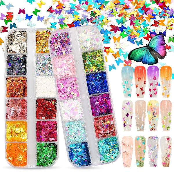 3D Holografisk Fjäril Nagelglitter 24 Färger / Set Glittrande Nagelpaljetter Flake KLB