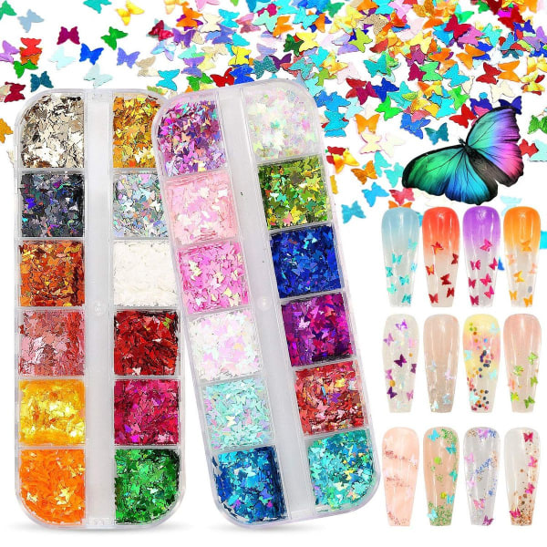 3D Holographic Butterfly Nail Glitter 24 Farben / Set Sparkly Nail Pailletten Flake KLB