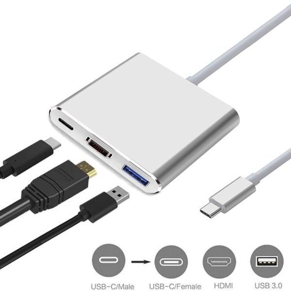 USB-C til HDMI-adapter (støtter 4K/30Hz) - Type-C 3-i-1-konverterkabel KLB