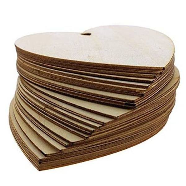Förpackning med 100 trädekorationer i form av hjärtan, trä, 80 mm med snöre för bröllops-DIY