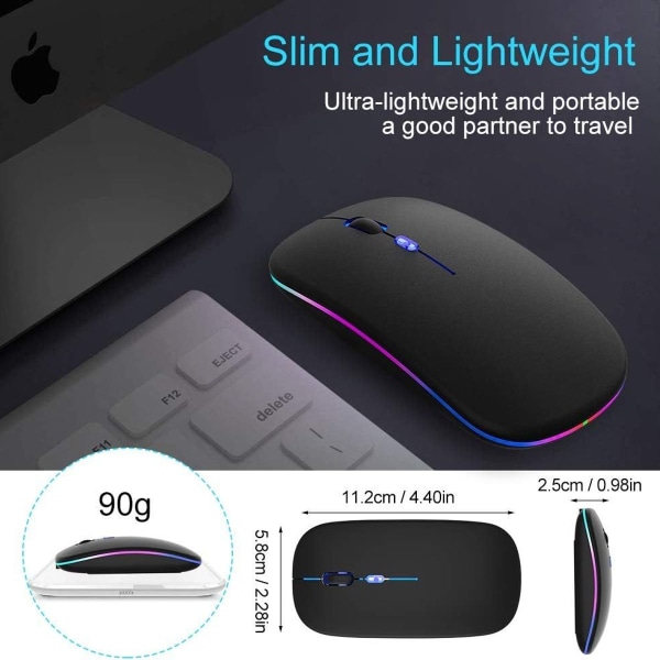 LED trådløs mus, oppladbar 2.4G lydløs mus, Bluetooth