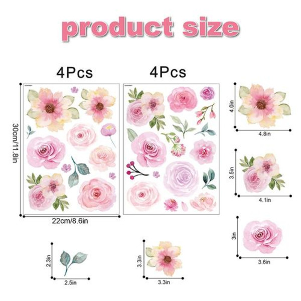 Vattenfärgsrosa Blommiga Väggdekaler för Flickrum Bröllop
