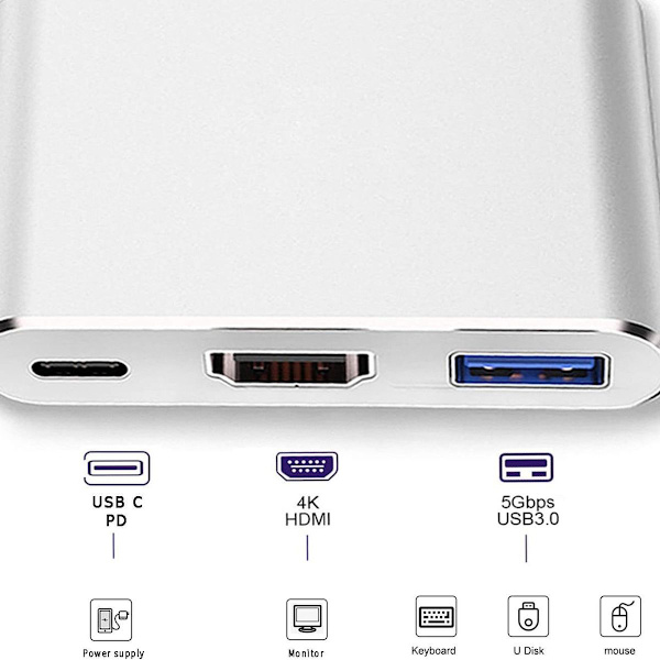 USB-C til HDMI-adapter (støtter 4K/30Hz) - Type-C 3-i-1-konverterkabel KLB
