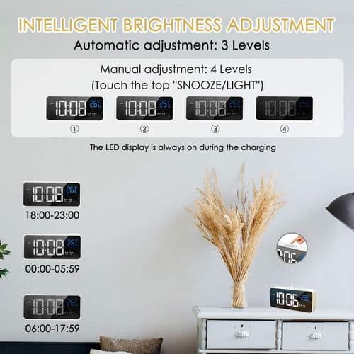 LED-väckarklocka med digital display, spegelbordsklocka, USB-laddningsbar