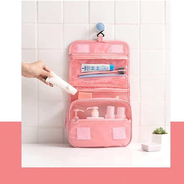 Multifunktionell Bärbar Reseväska för Toalettartiklar Kosmetika Makeup Rosa