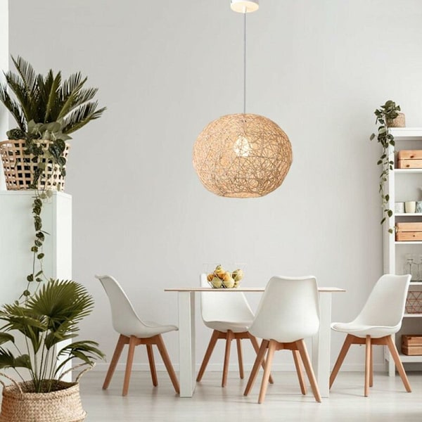 Rattan Pendellamper - Håndlaget Hengende Lampe med Pære - Dekor for Hjem, Soverom Ø20cm KLB