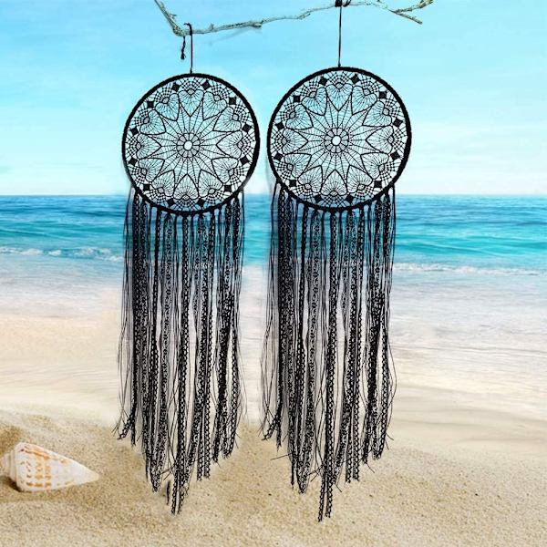 Håndlavet sort drømmefanger - Stor Boho drømmefanger med sort macrame - Vægdekoration til bil, bryllup, hjem, soveværelse,-