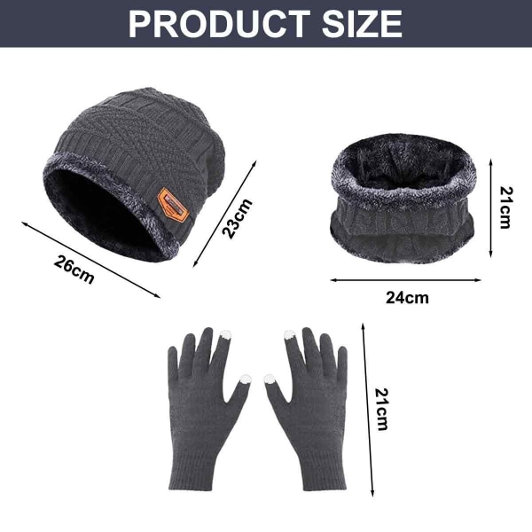 Vinterstrikket dødningehue, varmt halstørklæde og touchscreen-handsker i grå