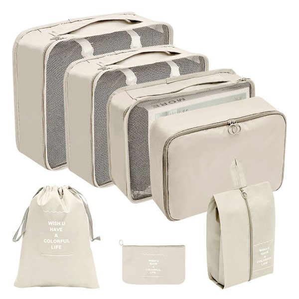 290T dobbeltsidet twill stof, 7 sæt opbevaringsposer, rejse beige