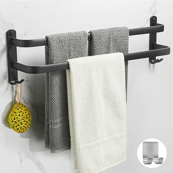 Veggmontert håndkleholder for bad, matt sort selvklebende håndkleholder, ikke-oksiderende, ikke-perforert aluminiumlegering håndkleholder (doble stenger) KLB