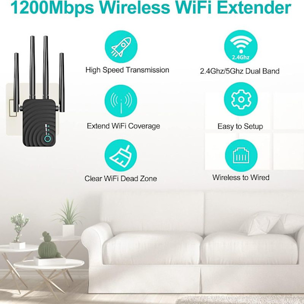 1200 Mbps WiFi-förstärkare Signalförstärkare, Full Coverage Repeater