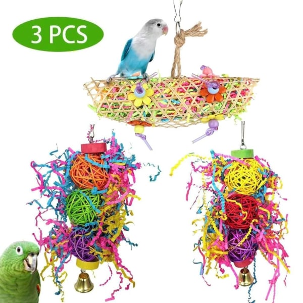 3-pak hængende fuglelegetøj med klokker, parakitter, kakatier, undulater og fugle, papegøjebidende legetøj