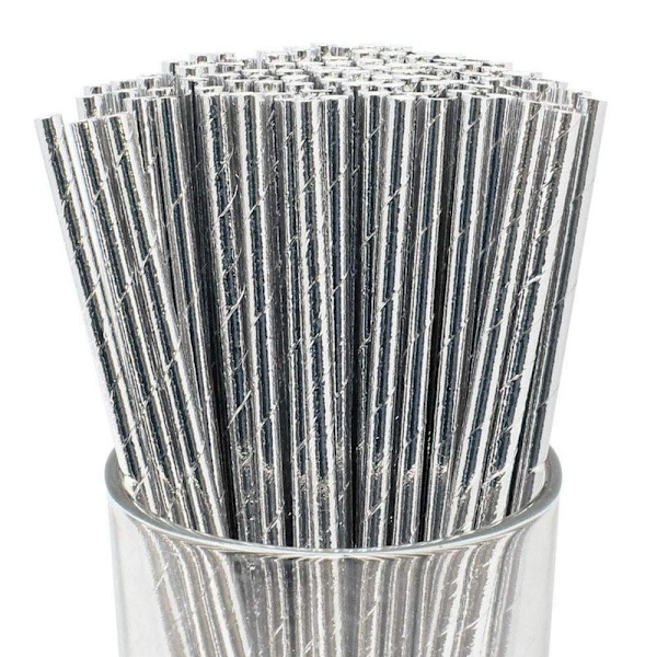 Iridescent engångspapperssugrör för fester, silver