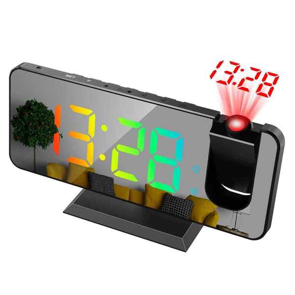 Projeksjonsvekkerklokke for soverom, RGB fargerik digital klokke svart