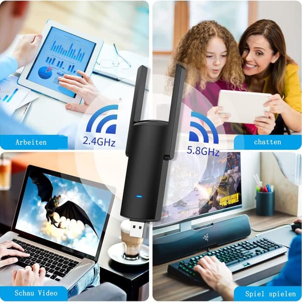 USB WLAN-adapter for PC AC1300 Mbit/s med høye forsterkning 5 dBi antenne 867